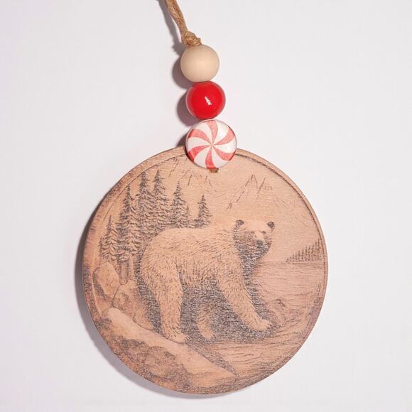 Handmade Rustic Bear Wood Ornament | Printed Mountain Scene | Woodland Christmas - Picture 6 of 7